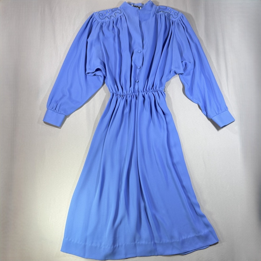 Willi of California Vintage 80s Periwinkle Blue Midi Dress Pearl Accent Size 14